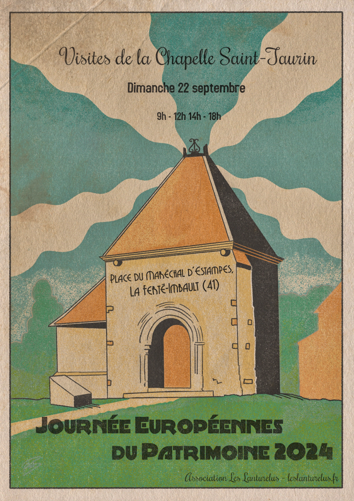 Affiche pour les JEP 2024 à La Ferté-Imbault avec des visites de la chapelle Saint Taurin le dimanche 22 septembre