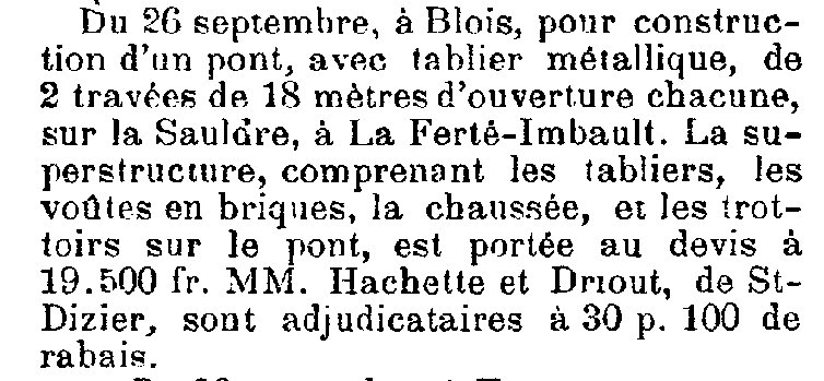 Extrait d'un article d'époque concernant le prix du pont de La Ferté-Imbault